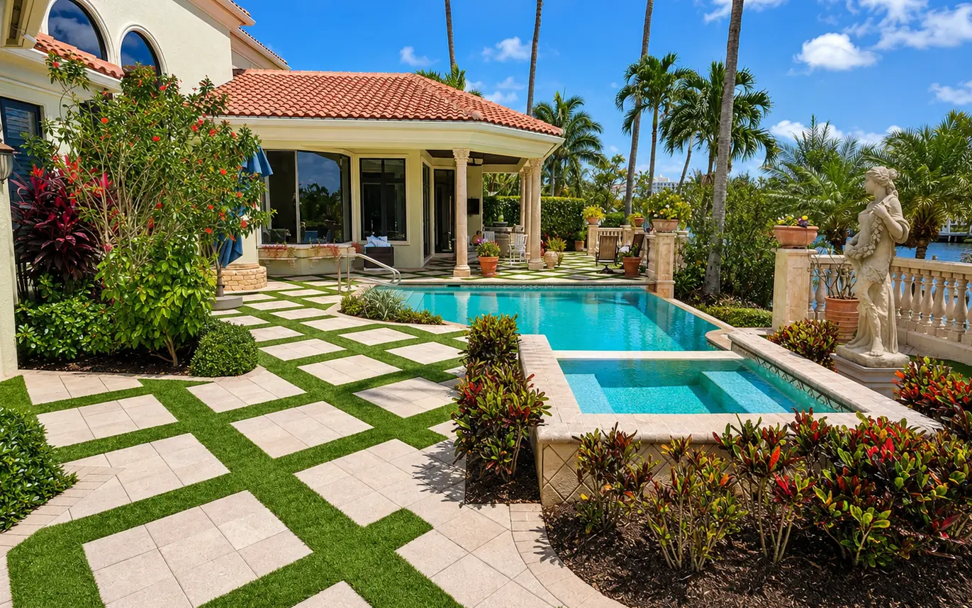Modern paver patio with outdoor living space