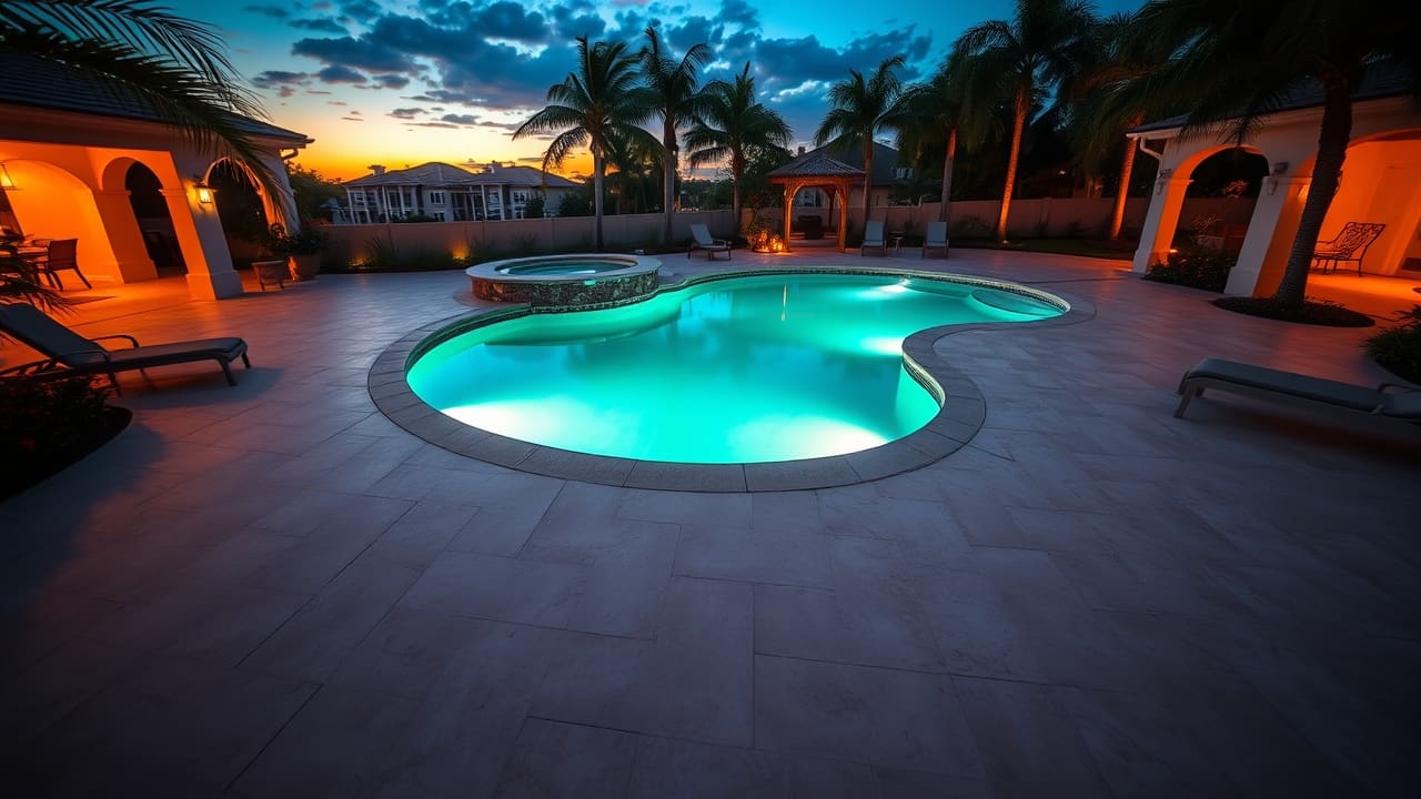 Outdoor pool and paver patio at dusk