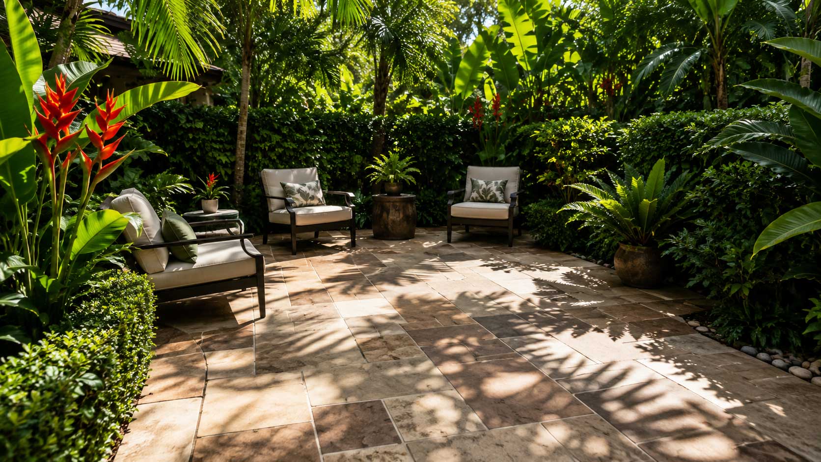 Concrete overlay patio with an earth-toned stamped tile finish in a shaded tropical garden in Palm Beach and Broward County