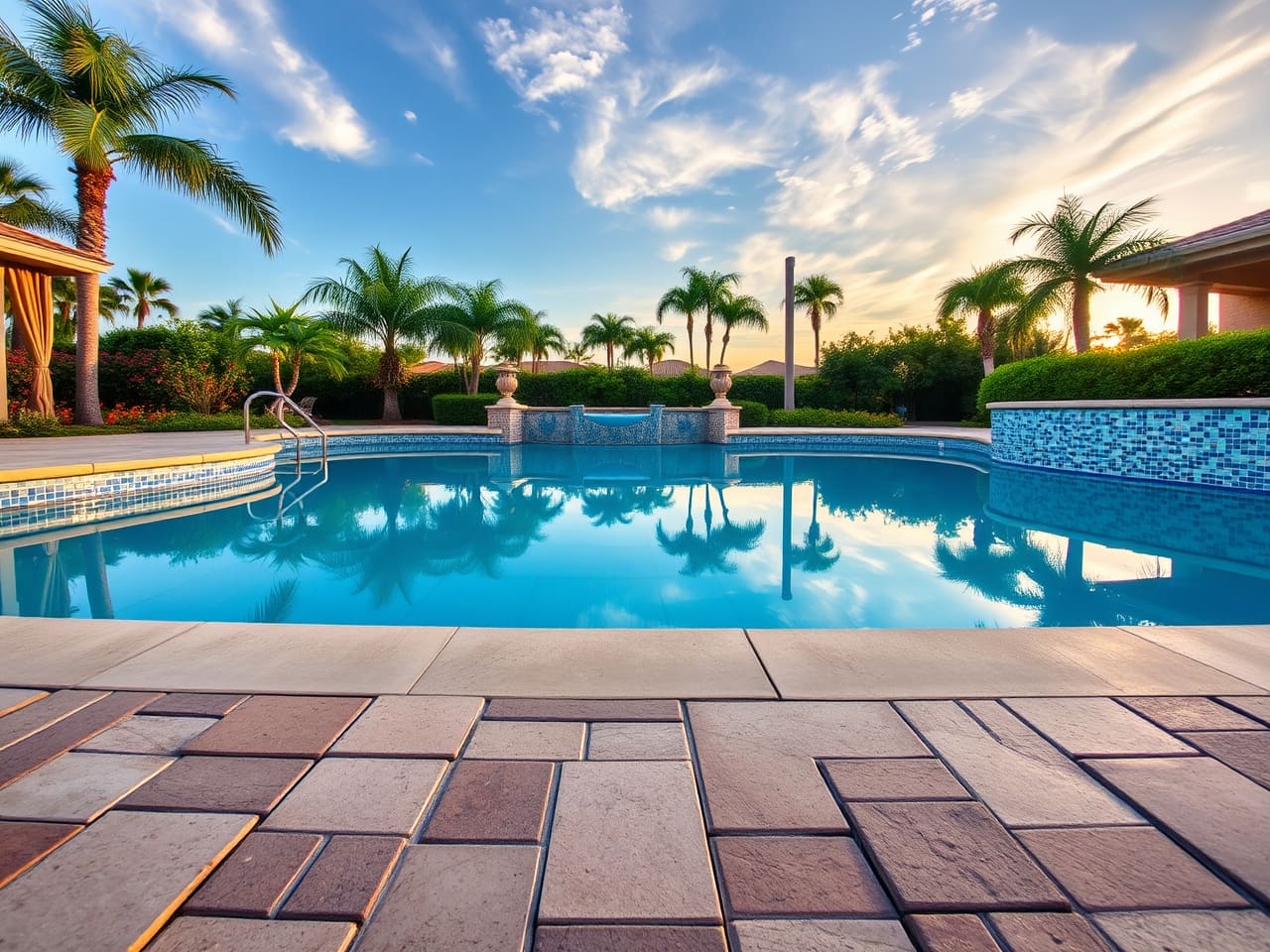 Freshly renovated swimming pool with new tile and paver deck