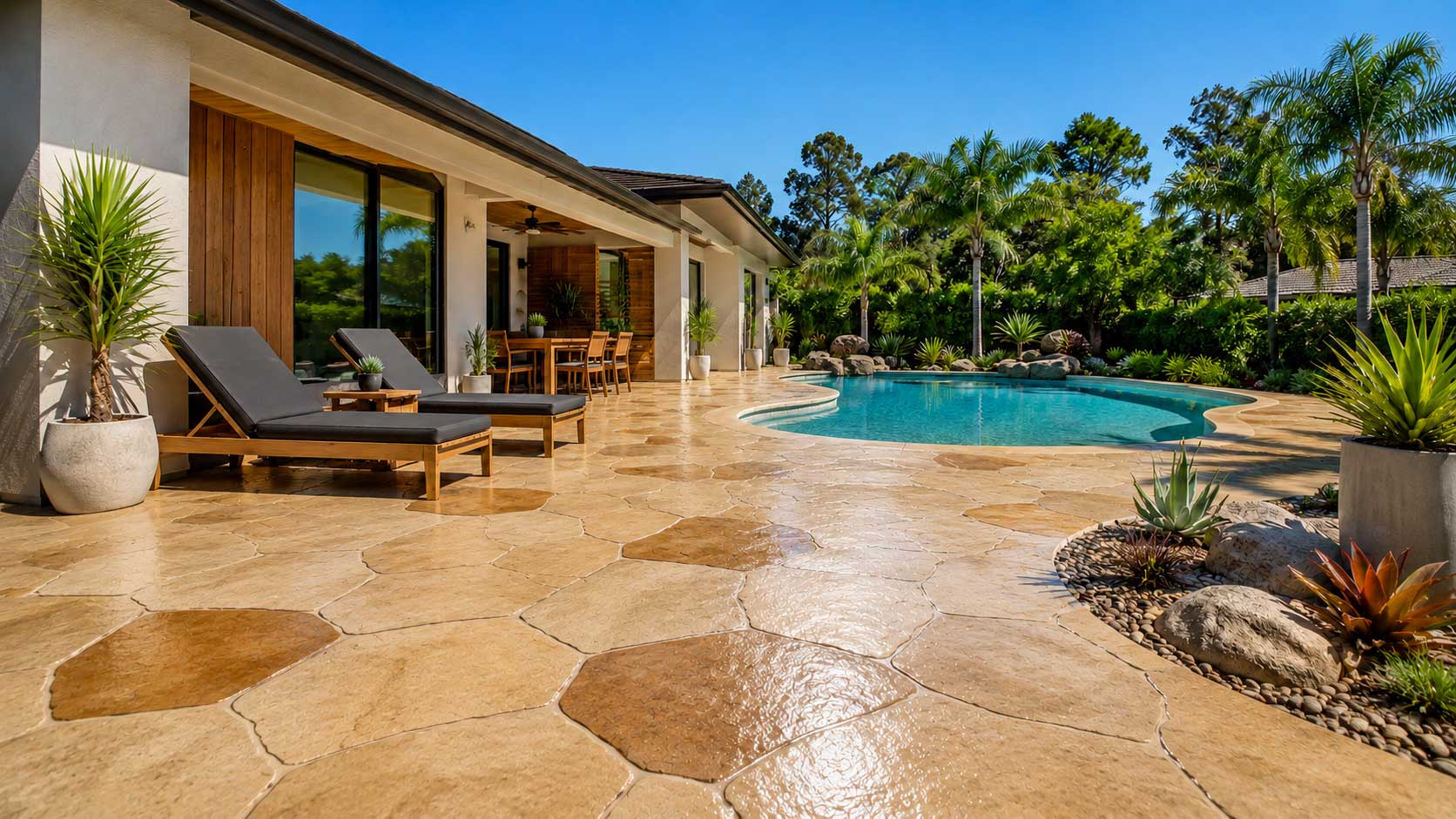 Concrete overlay patio and walkway with a tan stamped flagstone finish beside a free-form pool at a South Florida home