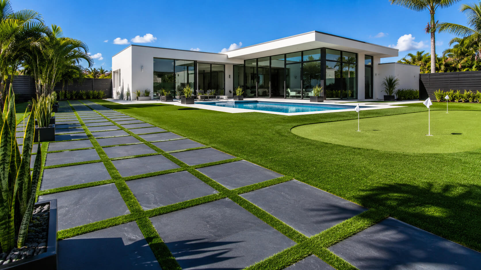 Backyard artificial turf lawn with a large-format paver walkway, pool, and putting green at a modern South Florida home