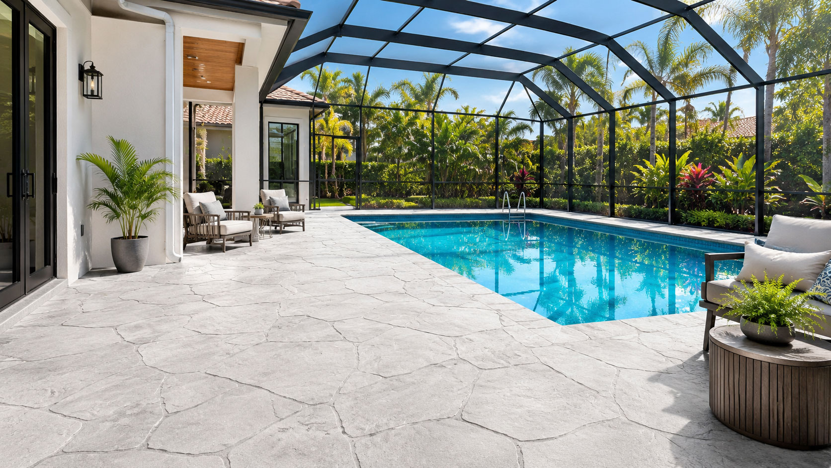 Concrete overlay pool deck with a light gray stamped flagstone finish surrounding a screened-in backyard pool in Palm Beach and Broward County