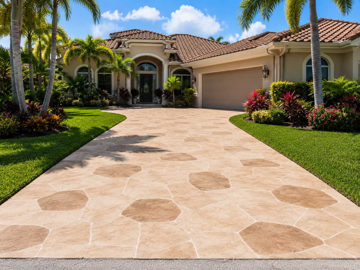 Decorative concrete driveway leading to a Mediterranean-style home with tropical landscaping at a South Florida home