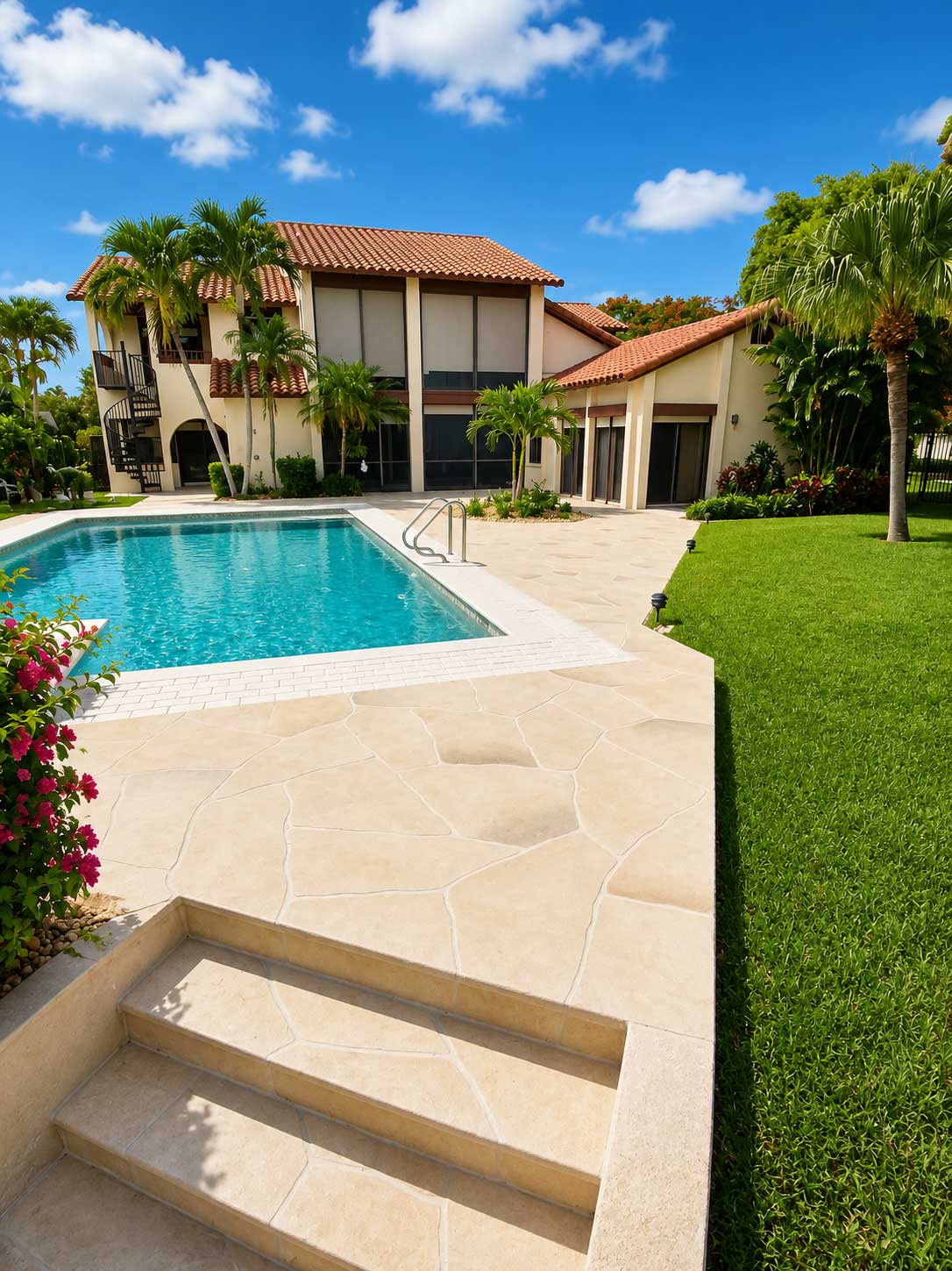 Concrete overlay pool deck with a cream flagstone finish coordinated with the coping, waterline pavers, and lawn at a Mediterranean-style home in Palm Beach and Broward County
