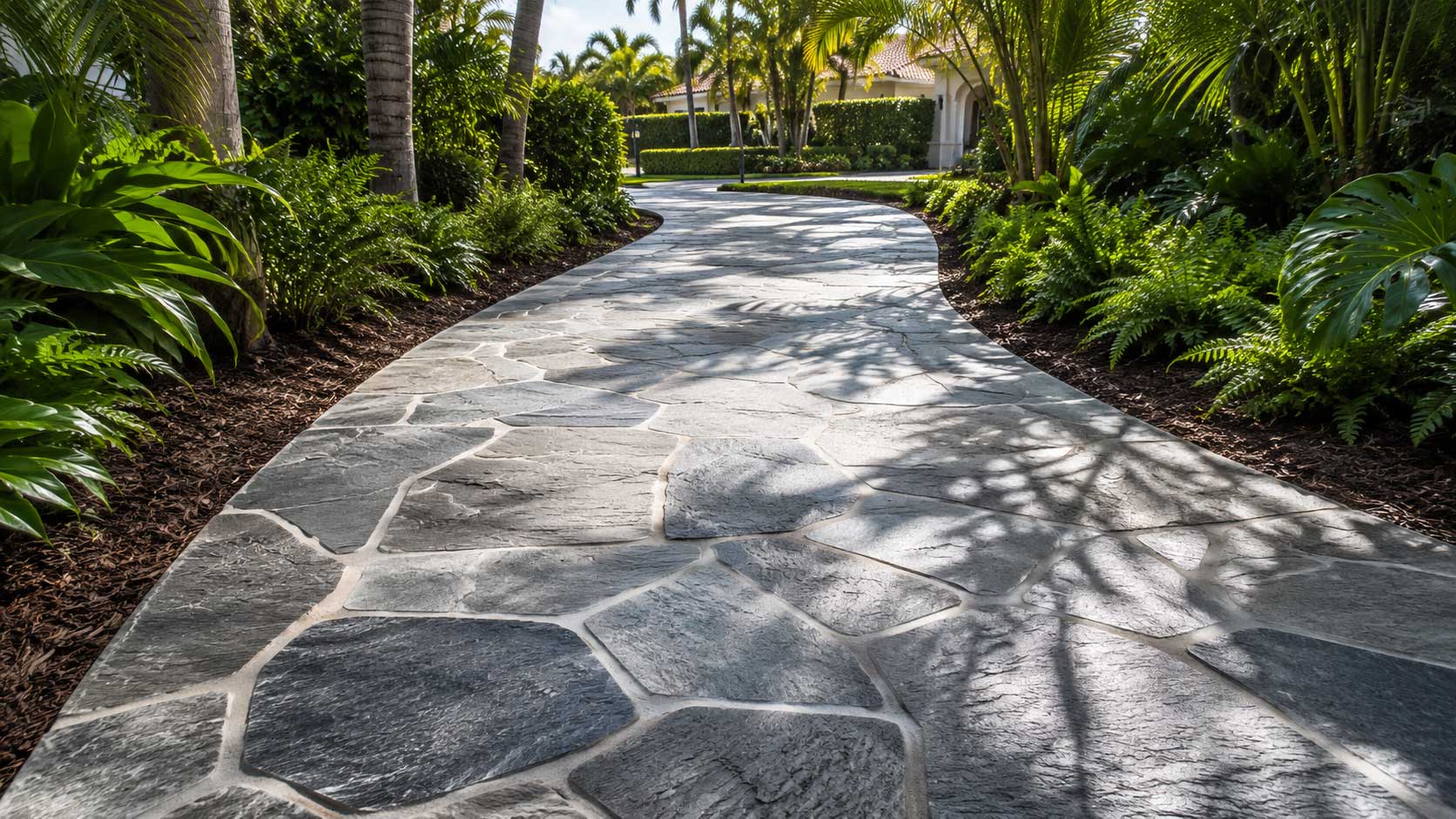 Concrete overlay walkway with a gray stamped flagstone finish winding through tropical garden beds in Palm Beach and Broward County