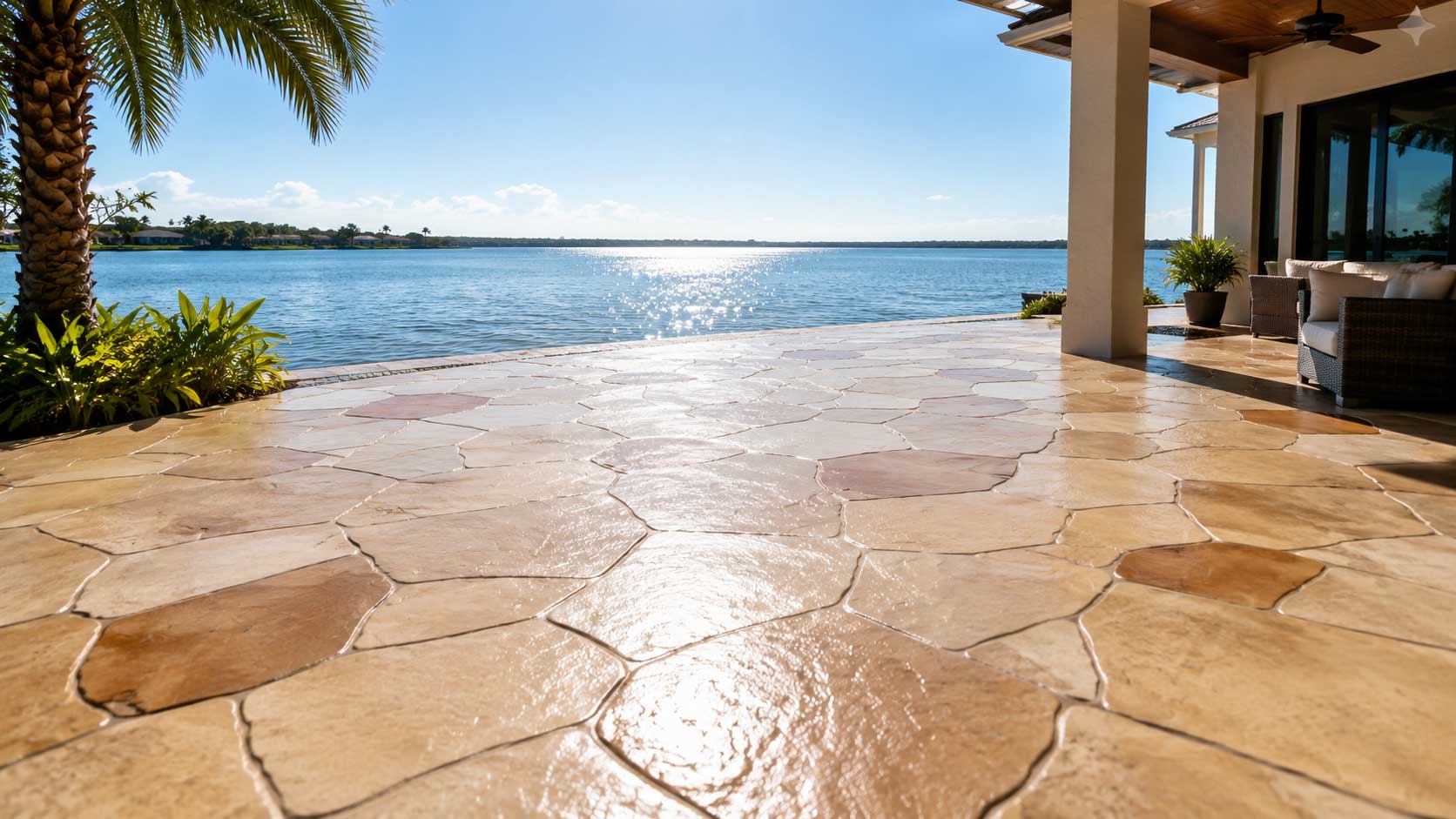 Concrete overlay patio with a cream stamped flagstone finish and a sealed sheen overlooking a lake in Palm Beach and Broward County