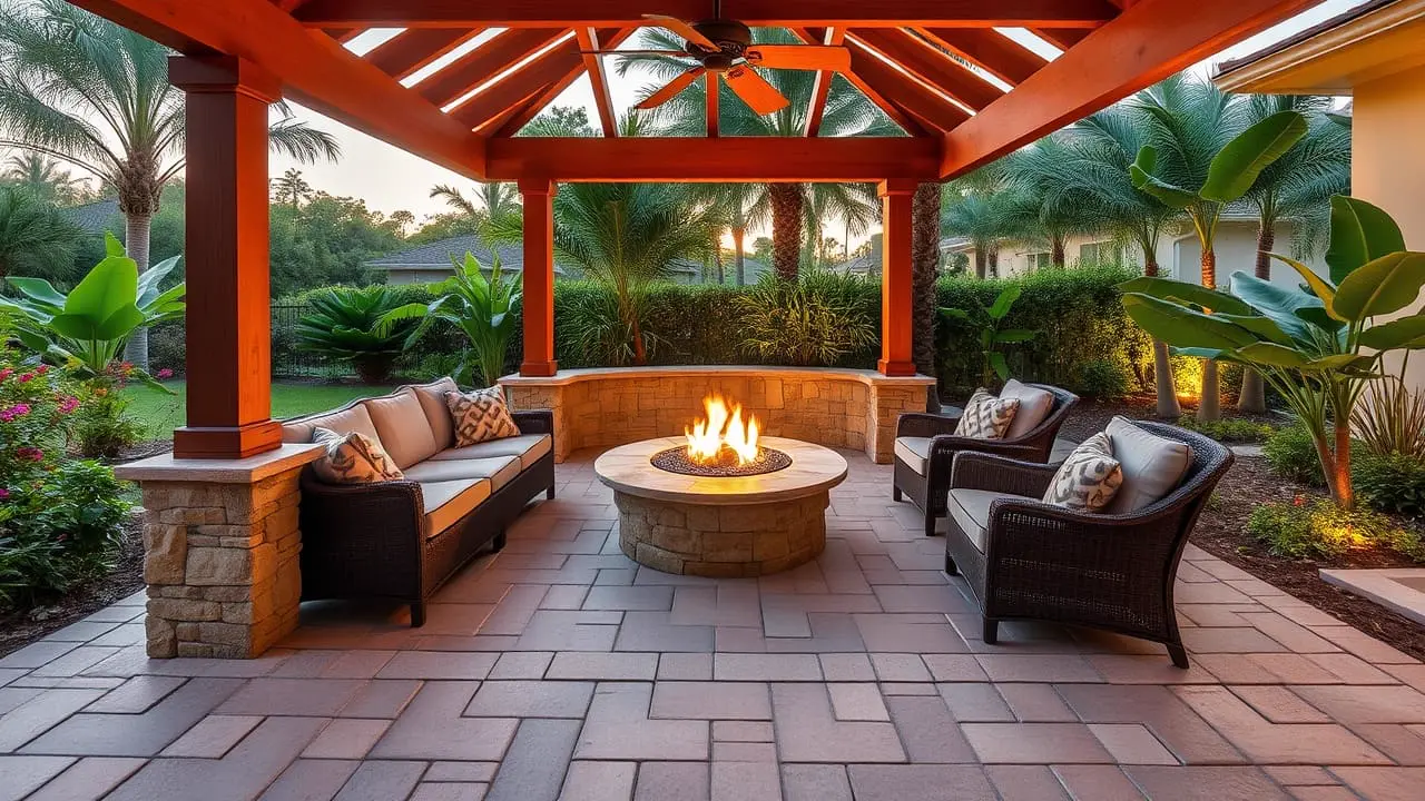Elegant paver patio lounge with a pergola and fire pit