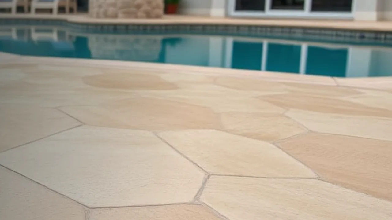 Decorative textured concrete overlay pool deck