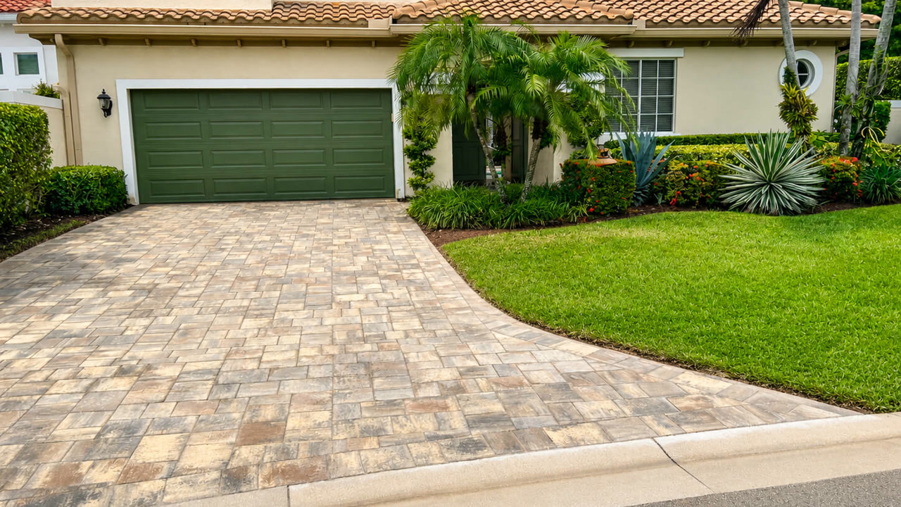 Renovated tan running bond paver driveway leading to a green garage door in a Hypoluxo neighborhood