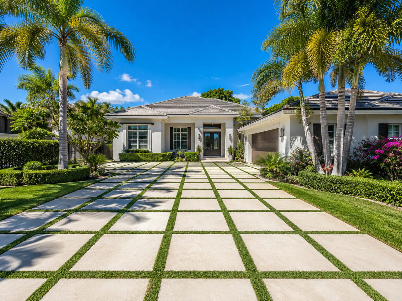 Paver driveway with large concrete pavers and grass joints leading to a modern white home framed by royal palms in Juno Beach
