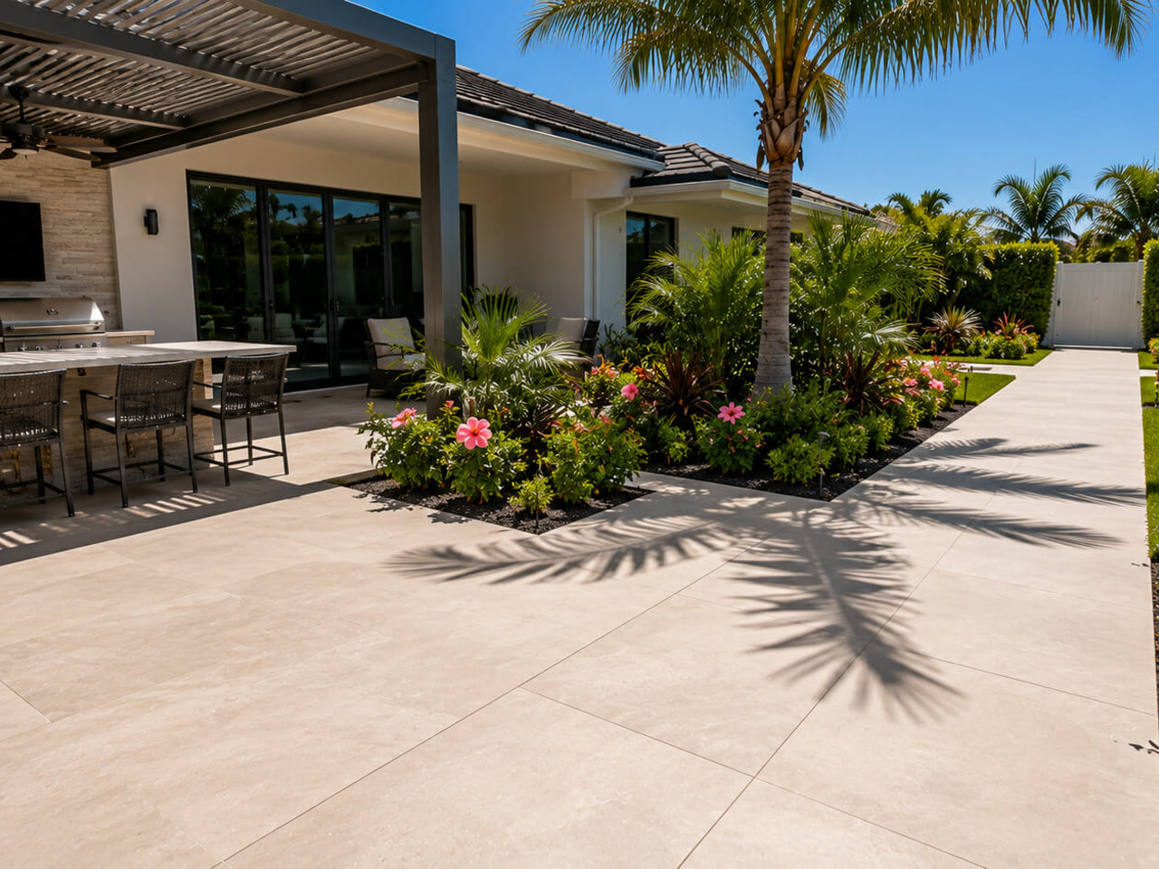 Cream paver patio at an outdoor kitchen under a pergola, with a walkway between planting beds at a Pompano Beach home