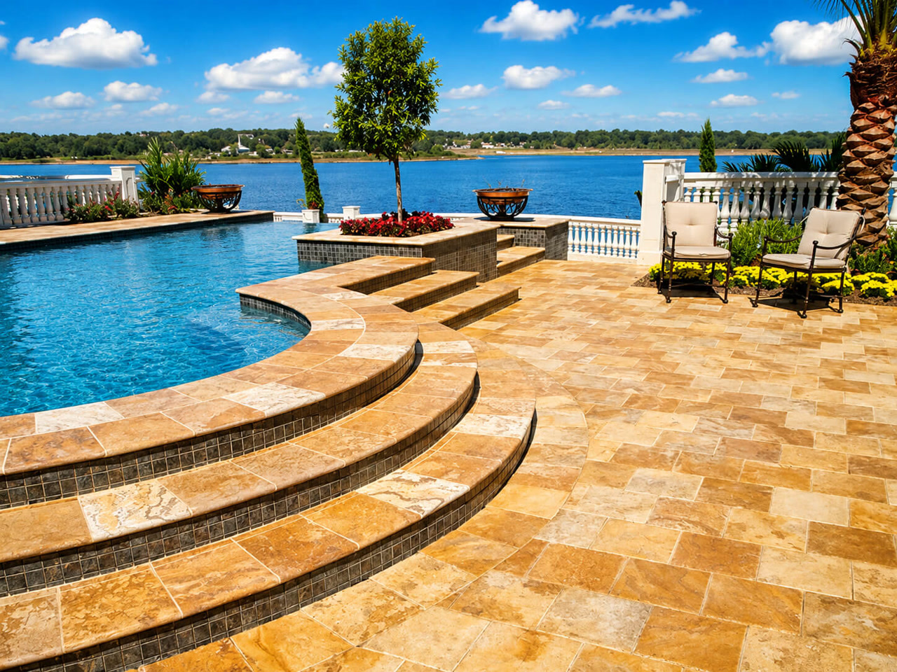 Finished two tone travertine paver pool deck with curved steps leading down to a lakefront pool in Gulfstream