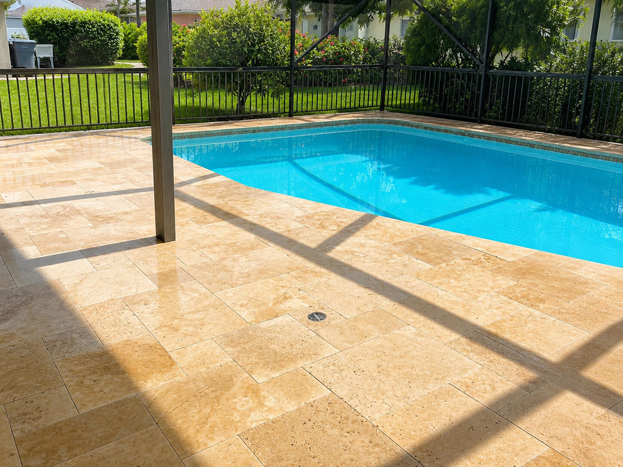 Golden travertine paver pool deck inside a screened lanai at a Jupiter residence, with a fenced backyard beyond the enclosure
