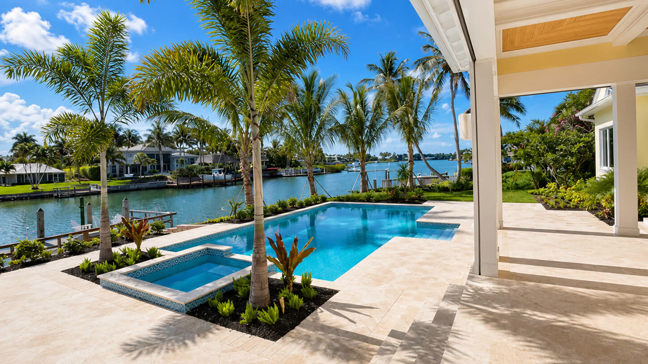 Pool renovation with a blue tile-lined pool and spa, travertine deck and palm-lined waterfront view at a Jupiter poolside retreat