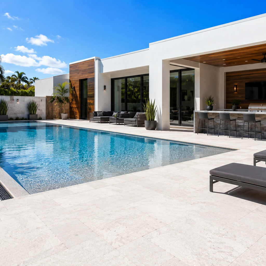 Renovated lap pool alongside a covered outdoor kitchen and lounge on a pale stone deck for a Palm Beach Gardens pool renovation