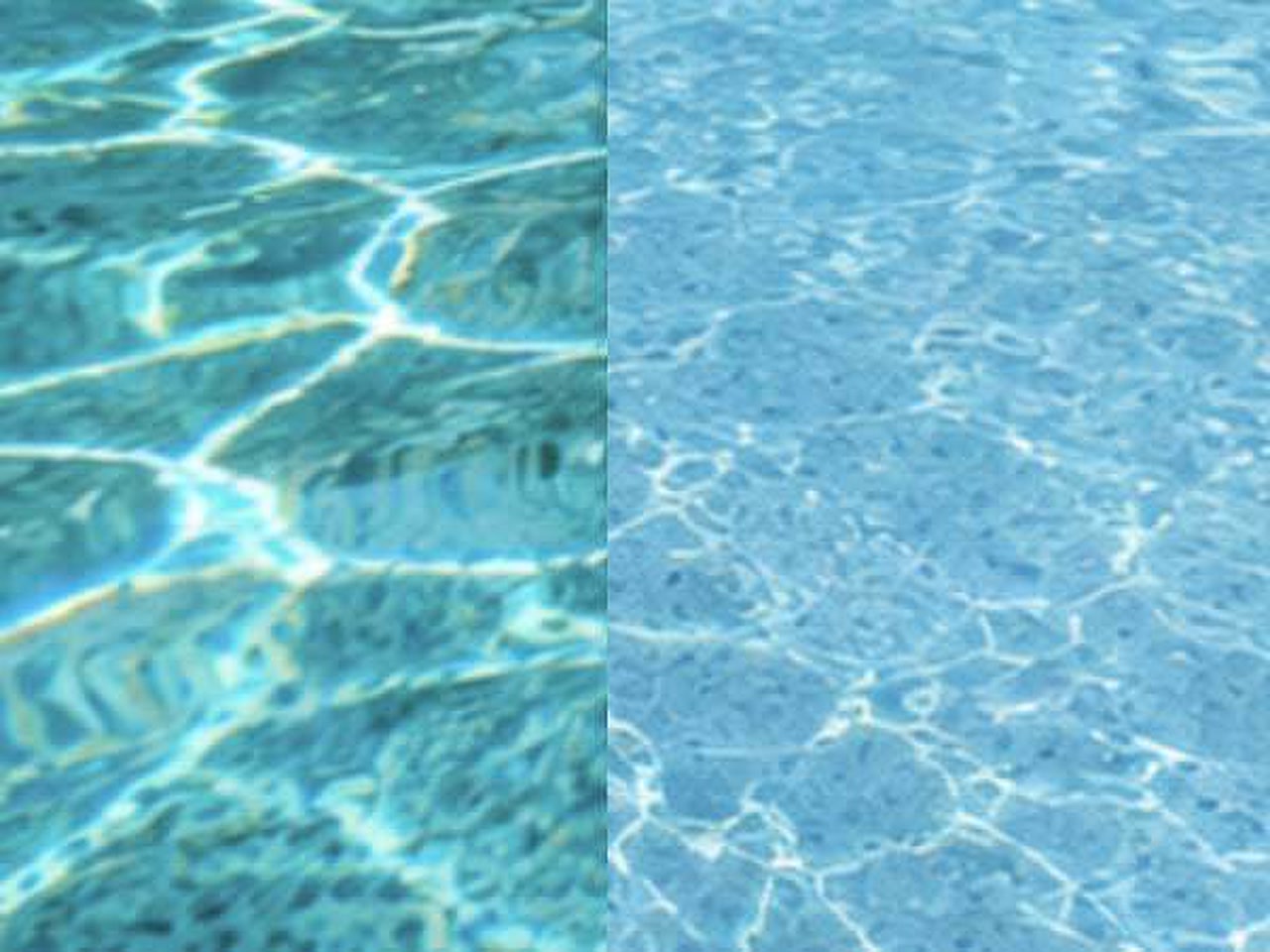 Side by side comparison of pool water over a dark teal finish and a light blue finish in a Jupiter backyard
