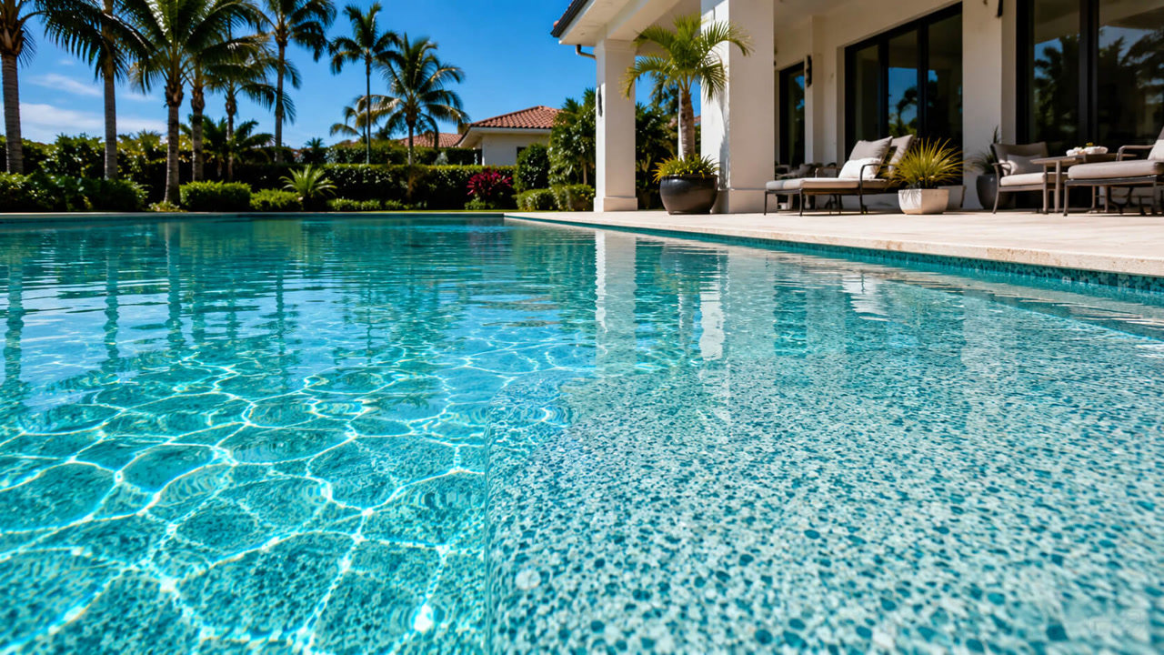 Resurfaced pool with a blue green pebble finish visible under clear water, beside the covered patio of a Jupiter home