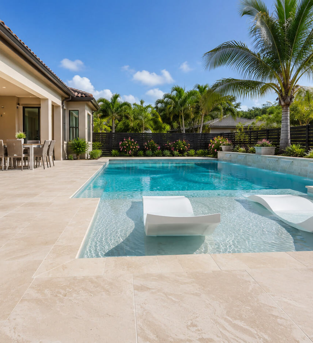 Sun shelf with two white in water loungers beside a travertine deck and covered lanai in Deerfield Beach