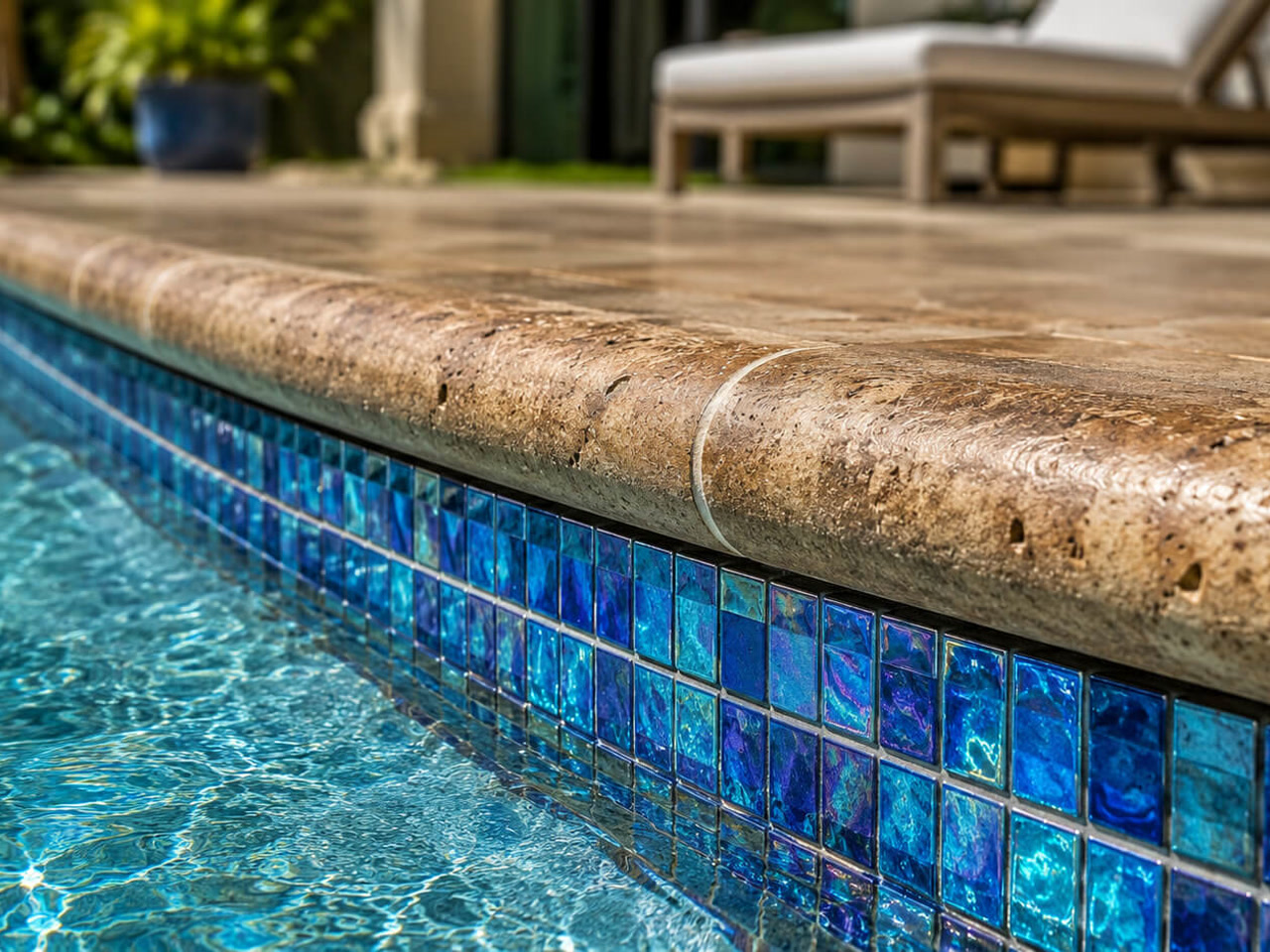 Close up of iridescent blue glass waterline tile beneath a tumbled travertine bullnose coping at a Boca Raton backyard pool