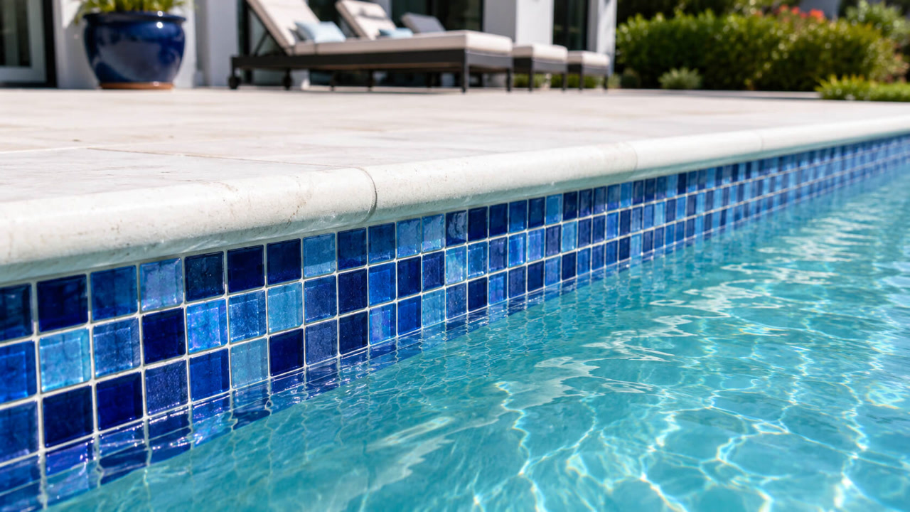 Pool edge with blue glass mosaic waterline tile under a bullnose travertine coping in Jupiter