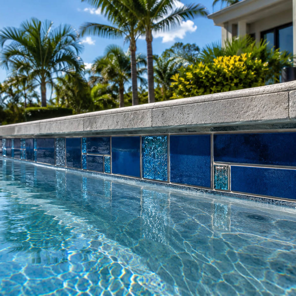 Pool edge combining gray stone coping with cobalt and turquoise glass tile for a Jupiter homeowner