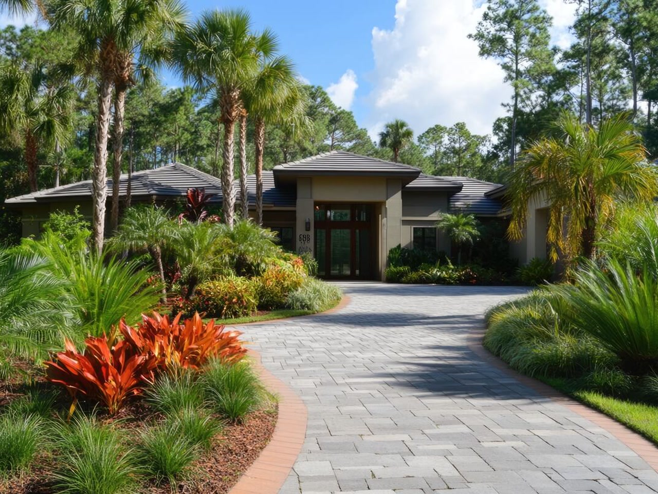 Gray paver driveway widening into an entry court, edged with a brick border and tropical landscaping