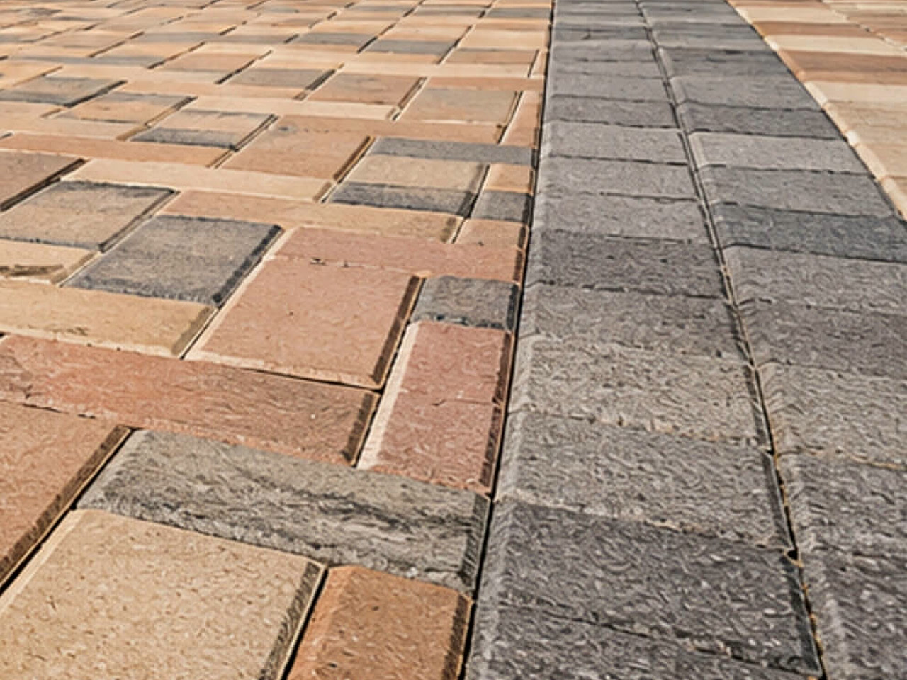 Paver patio combining tan and red field pavers with a charcoal border band running through the layout