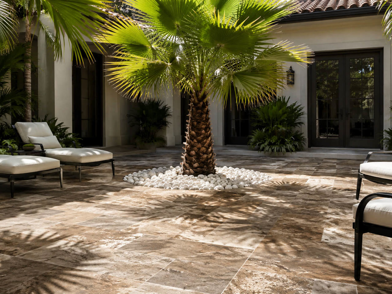 Finished travertine paver courtyard with a fan palm set in white stones and lounge chairs in the shade