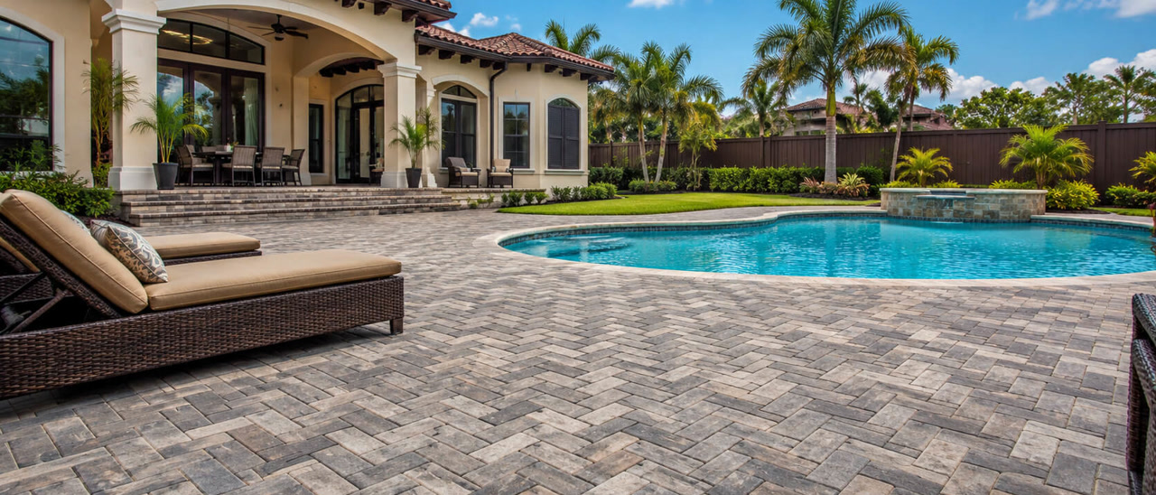 Herringbone paver patio wrapping a freeform pool and spa behind a Mediterranean style Florida home