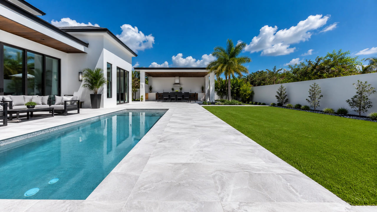 Renovated backyard with a light gray paver walkway running between a lap pool and the lawn