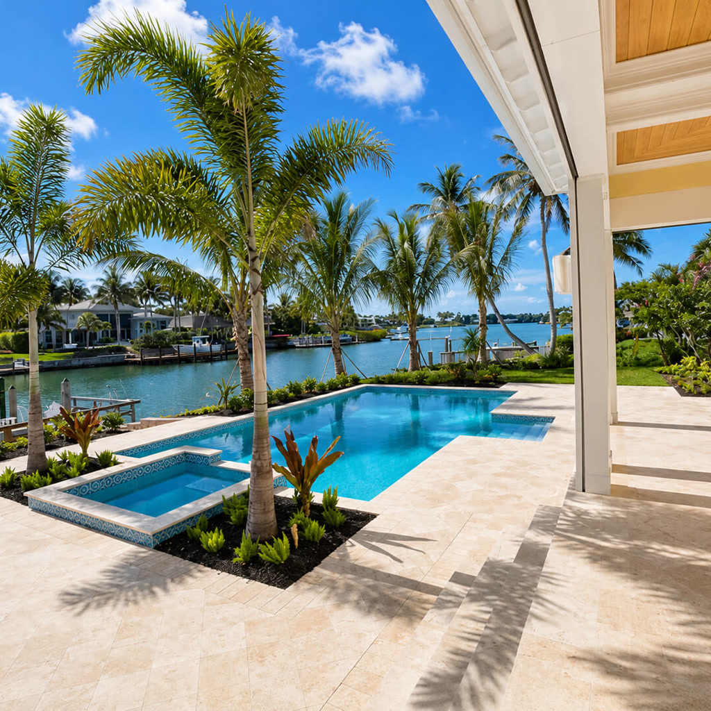 Ivory travertine paver deck connecting a covered lanai to a pool and spa on a waterfront canal lot