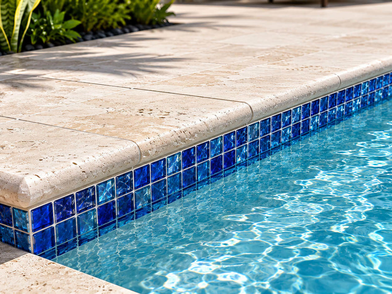 Bullnose travertine coping paired with a cobalt and turquoise glass tile band along the pool edge