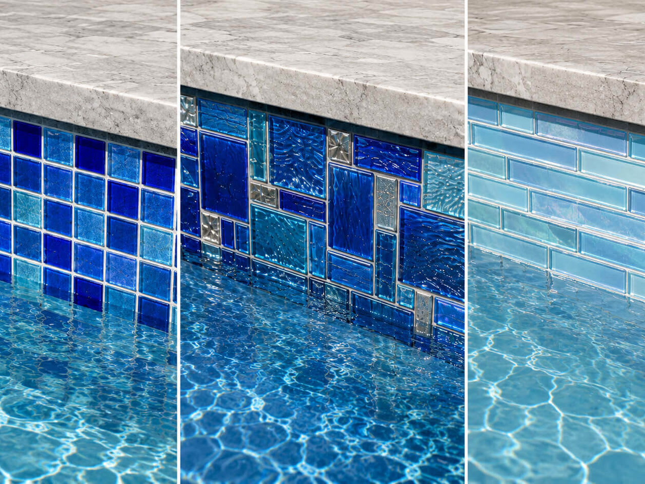 Three glass waterline tile options side by side, from cobalt mosaic squares to a light aqua subway pattern
