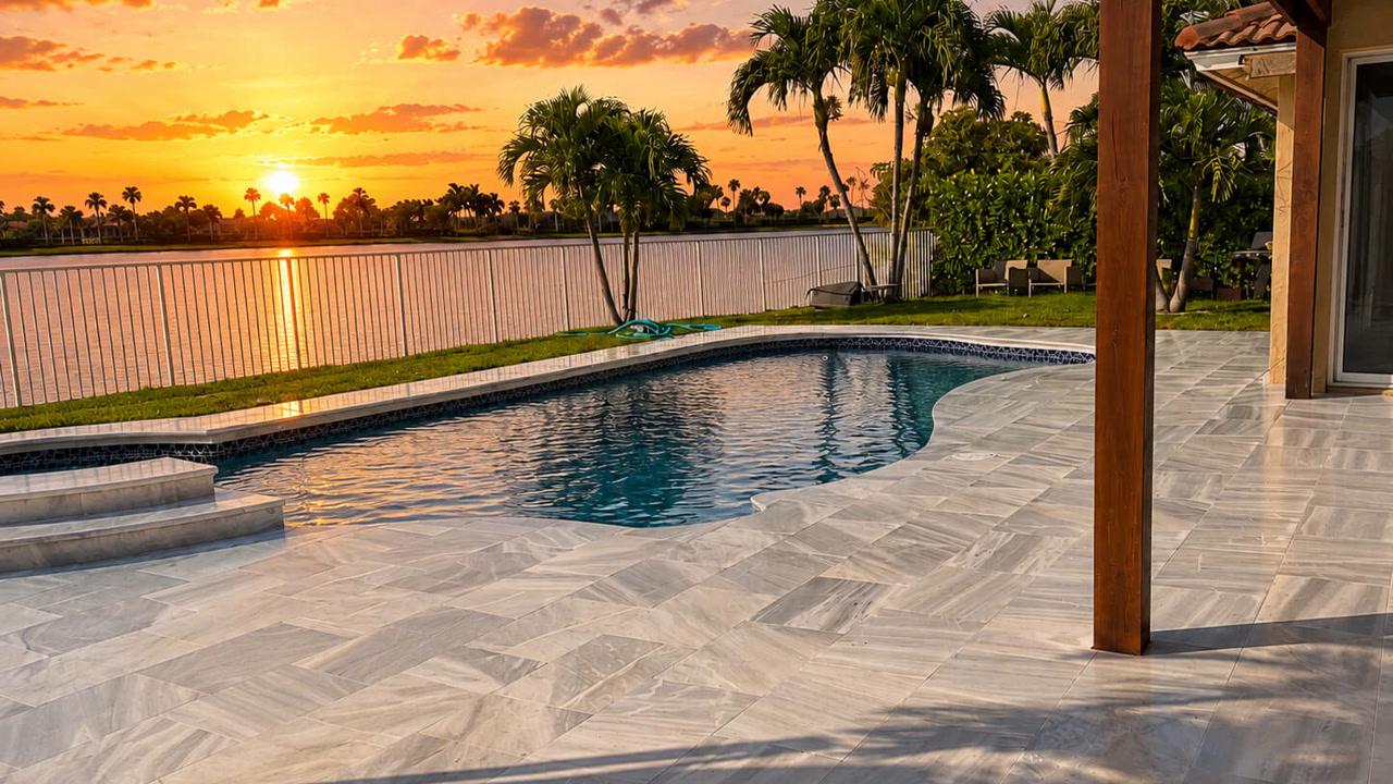 Renovated free-form pool at sunset with a herringbone marble deck overlooking a lake