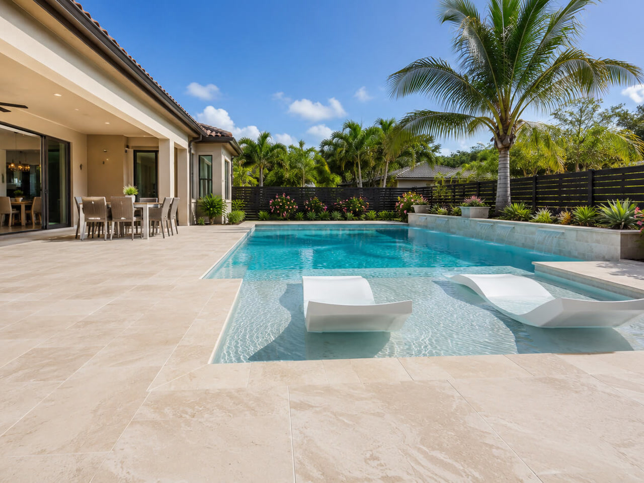 Renovated pool with a shallow sun shelf holding two in-water lounge chairs