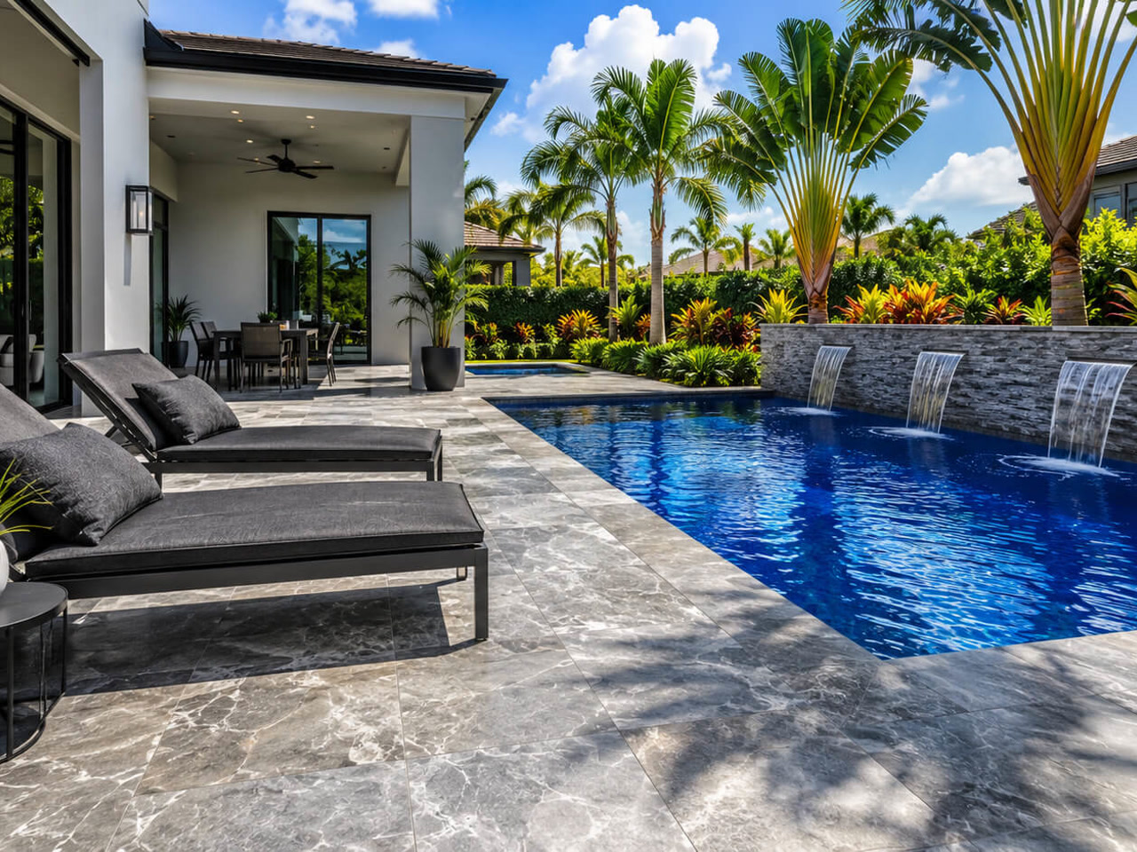 Renovated cobalt-blue pool with three sheer descent waterfalls over a stacked stone wall