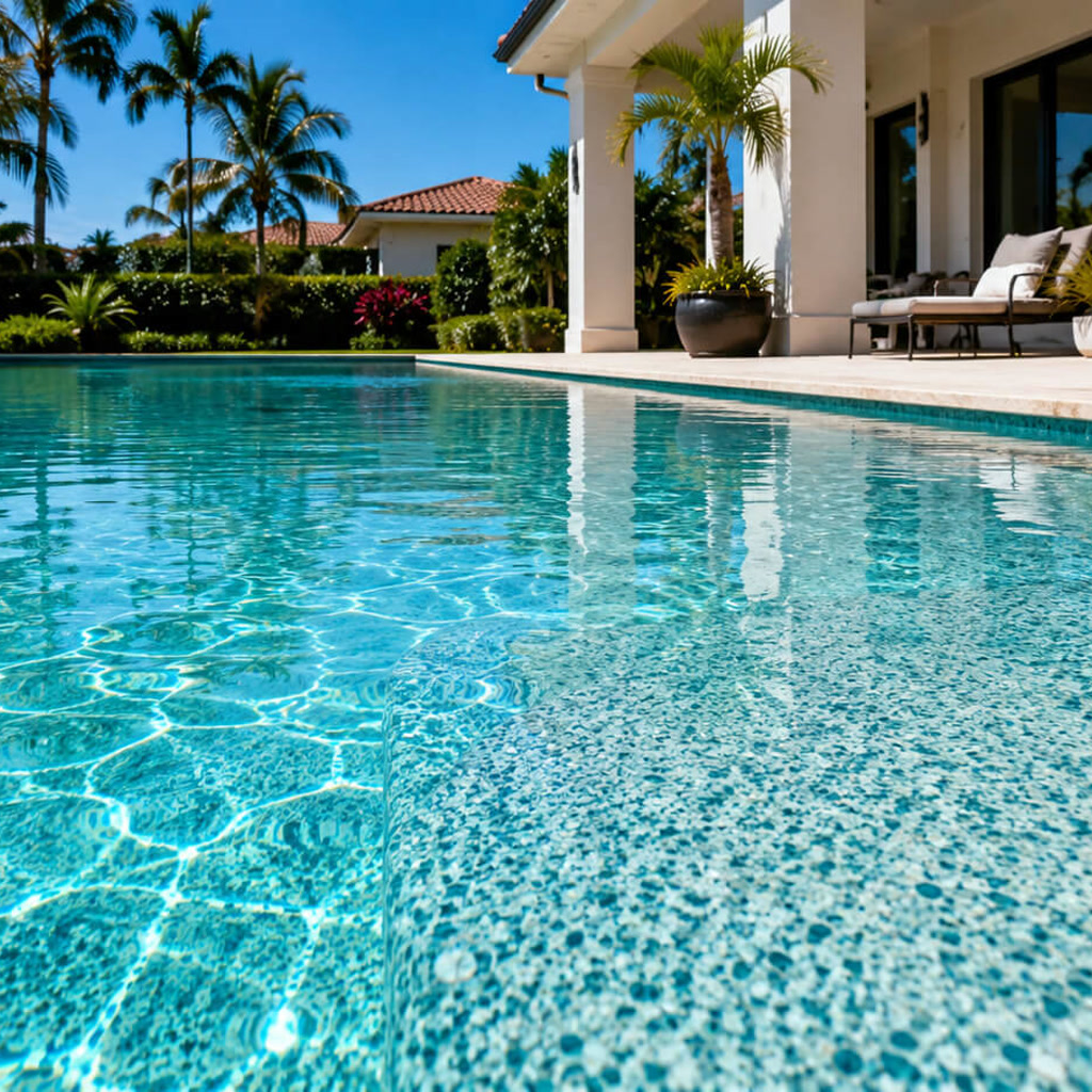 Resurfaced pool whose pebble finish coordinates with the travertine deck and covered patio seating