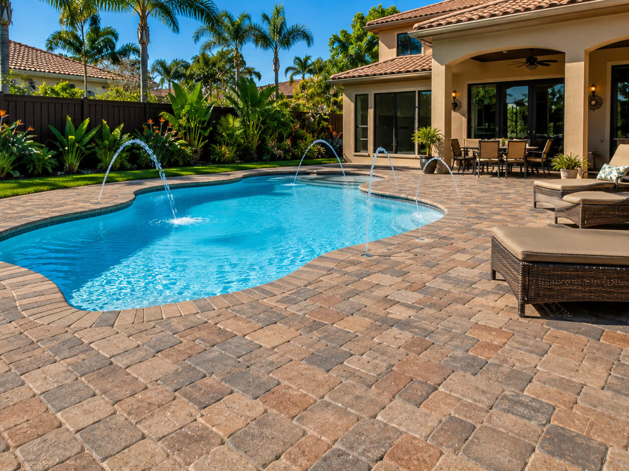 Resurfaced freeform pool with arcing deck jets, ringed by a tumbled paver deck at a Mediterranean style Florida home