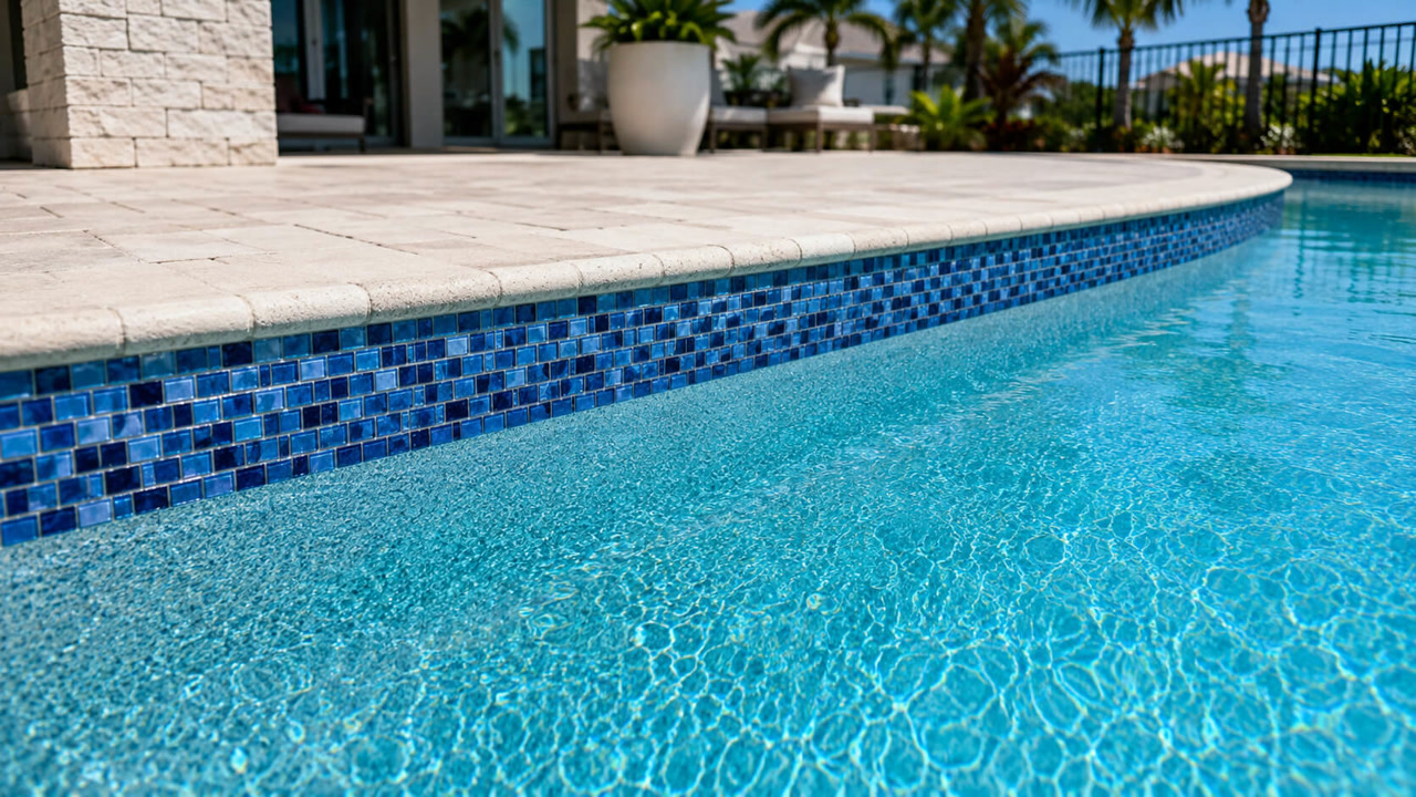 Renovated pool edge with new blue glass mosaic waterline tile under a bullnose travertine coping