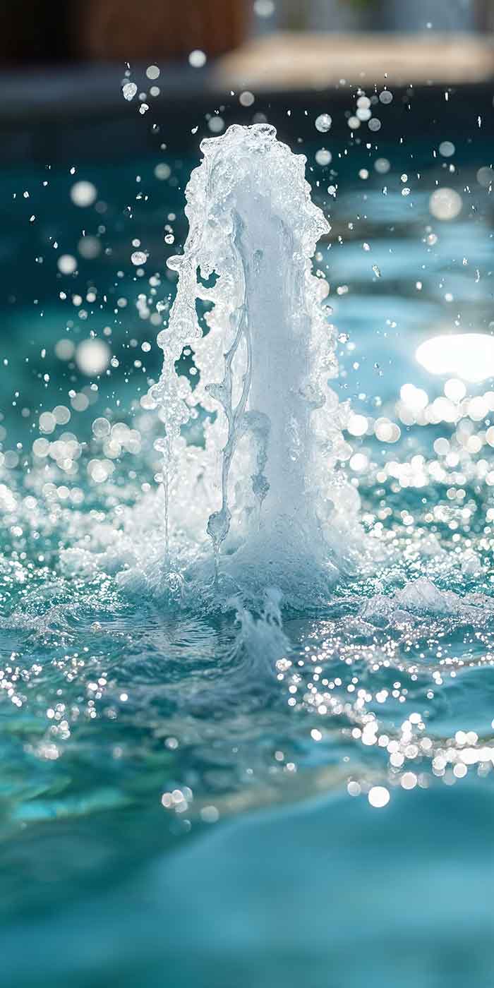 Close-up of a pool bubbler water feature spraying in a modern pool
