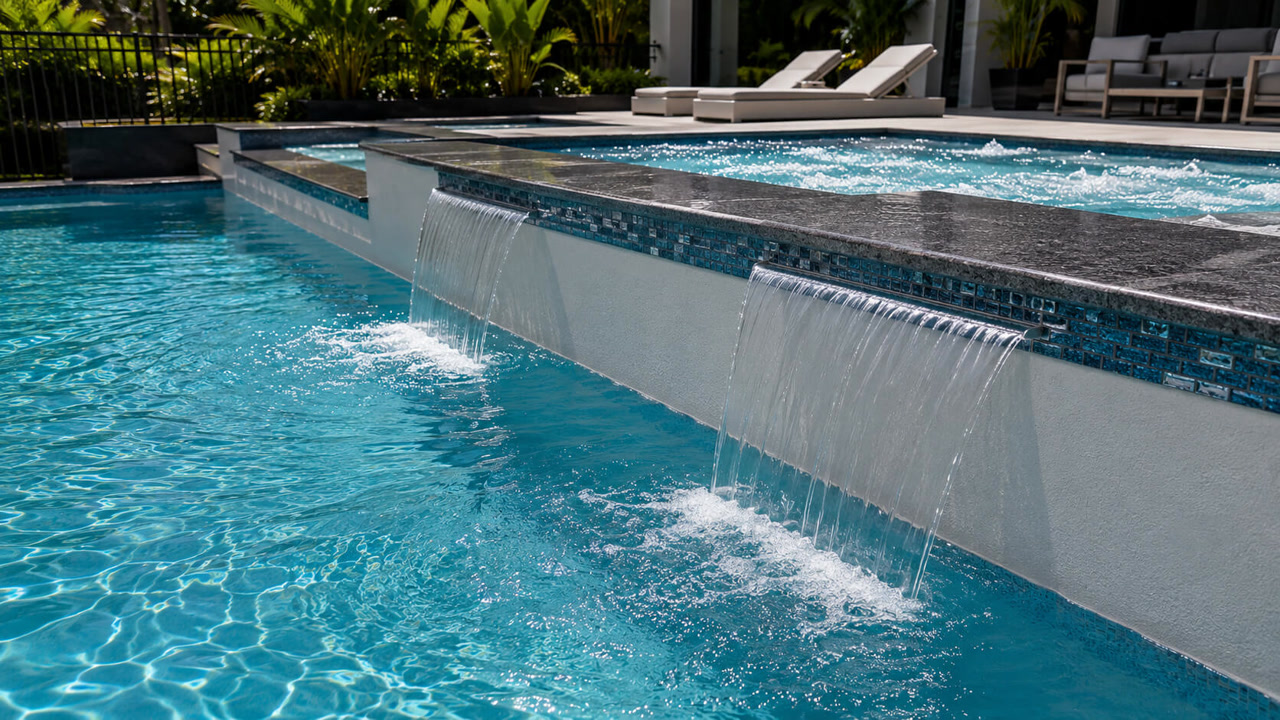 Upgraded pool with sheer descents pouring from a raised spa wall trimmed in blue glass mosaic tile