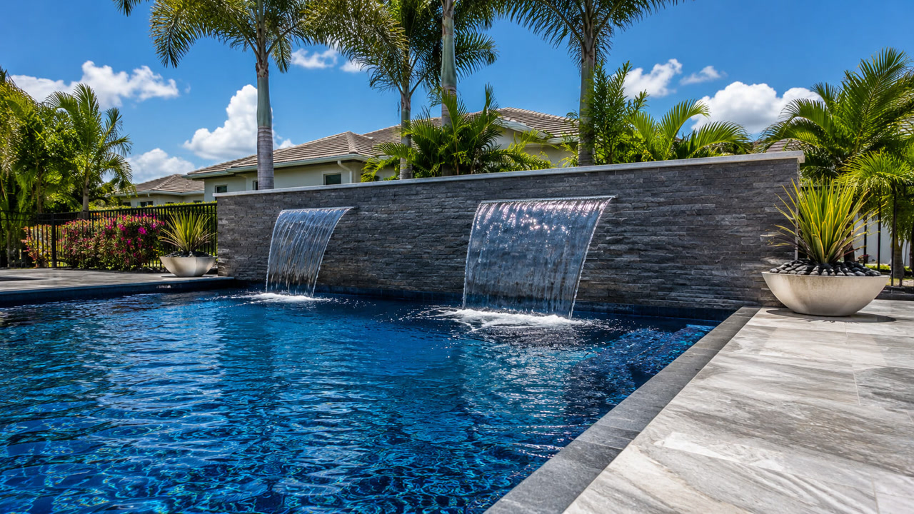 Two sheer descent waterfalls spilling from a gray stacked stone wall into a deep blue pool