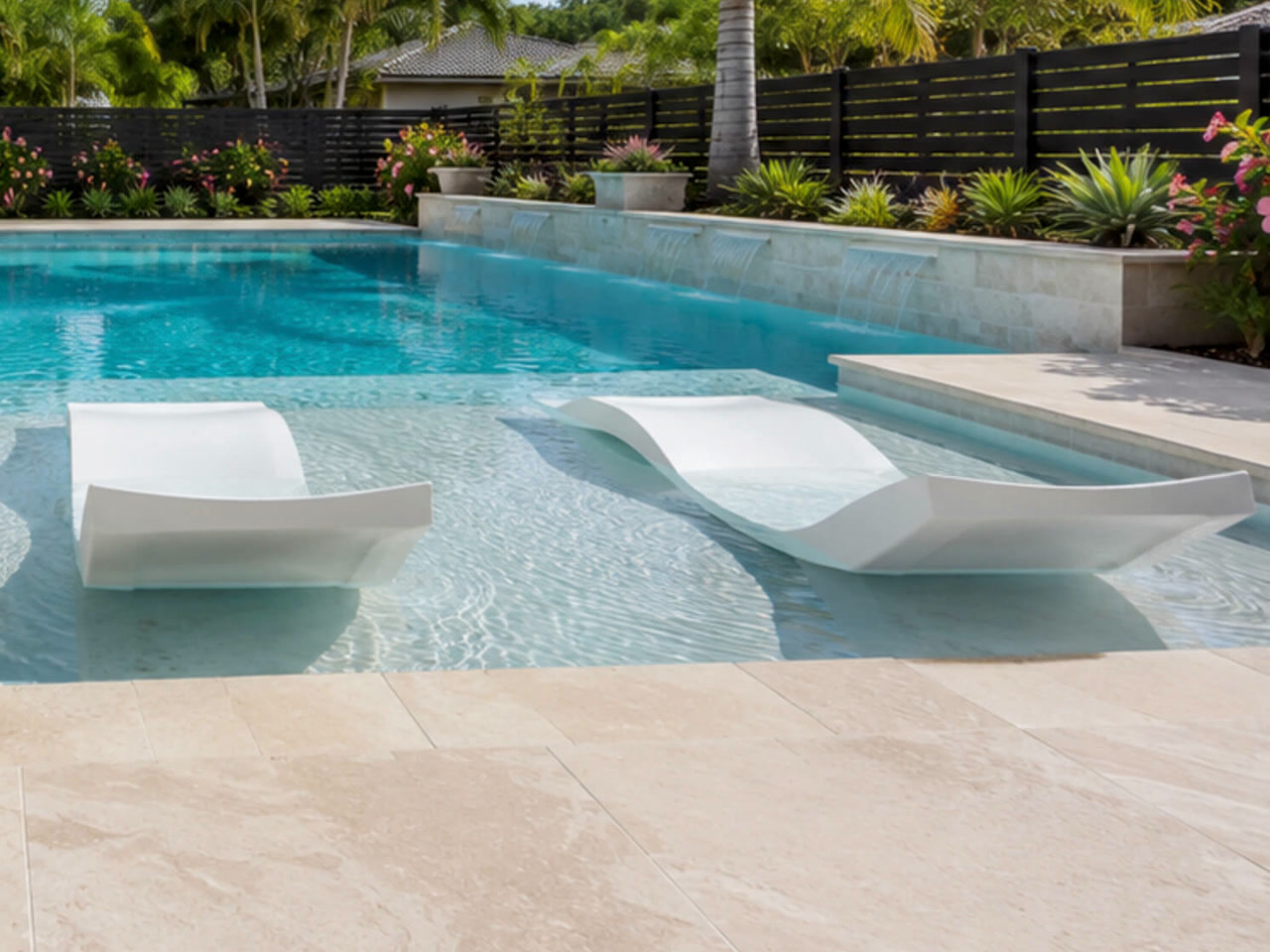 Tanning ledge with two white in water loungers, sheer descents spilling from a stone wall behind