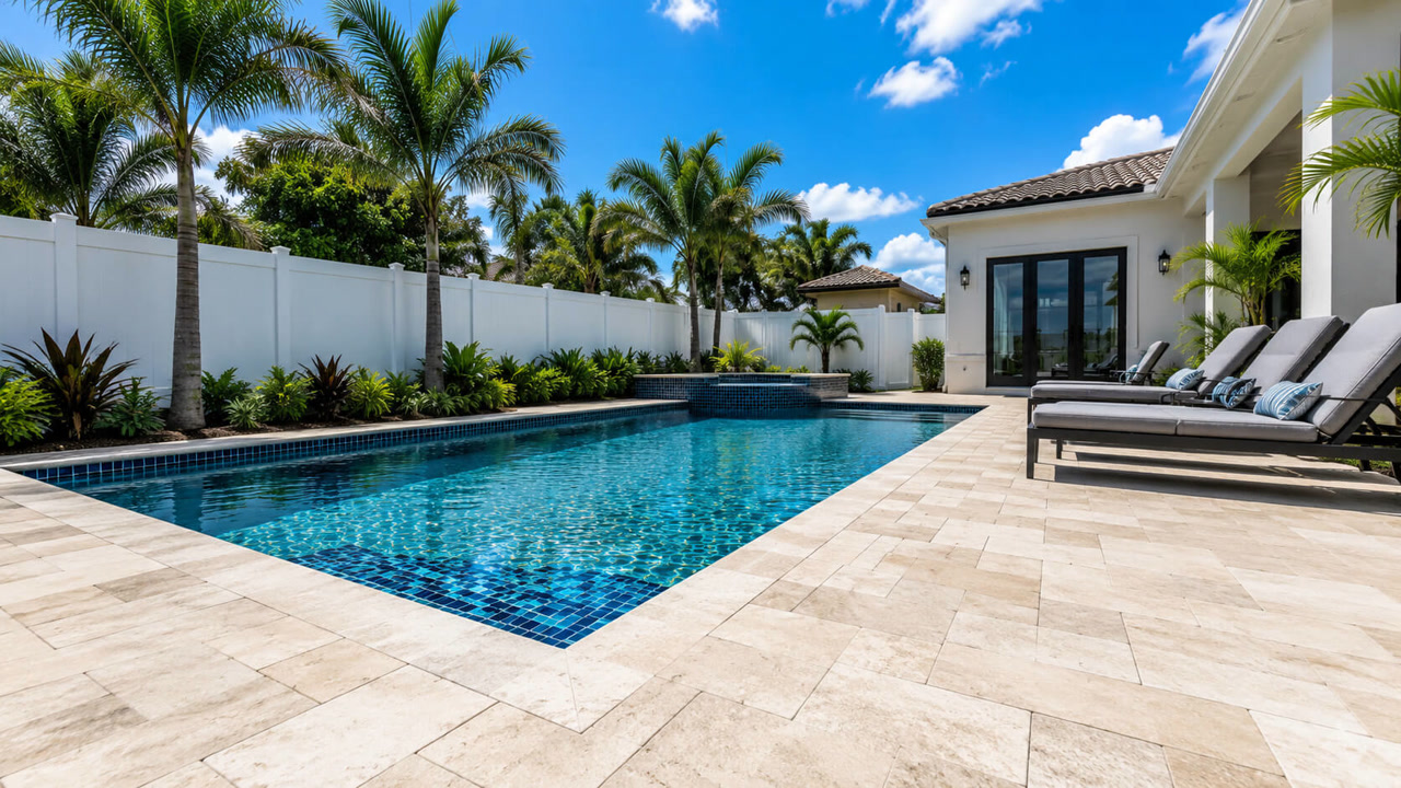 Pool with a fully renovated edge, deep blue waterline tile and travertine coping wrapping the spa