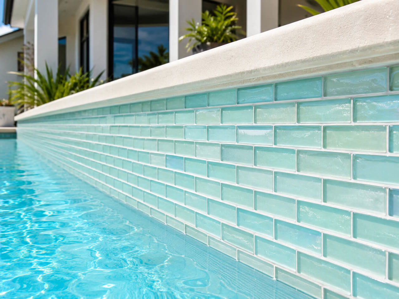 Turquoise glass subway waterline tile running the length of a pool under a cream cast concrete coping